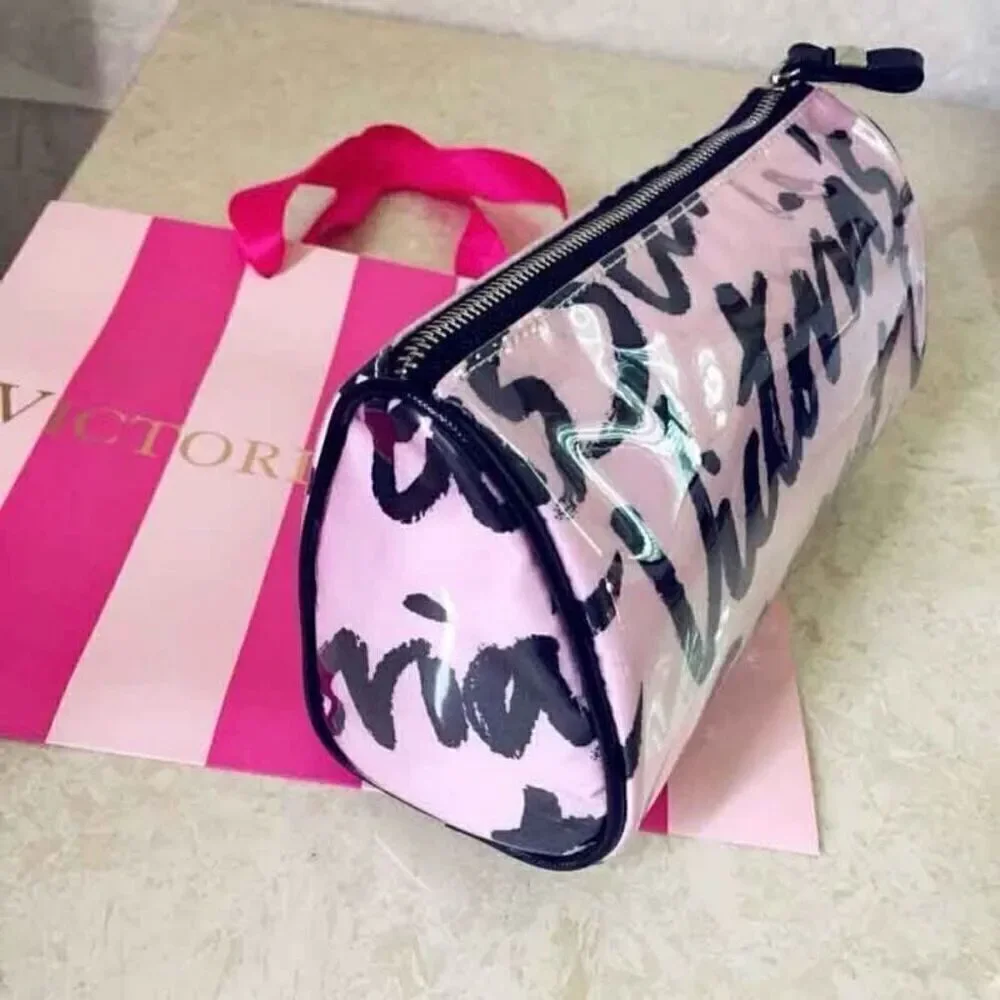 Nwt Victoria's Secret Signature Pink White Case Cosmetic Makeup Dots Lined Bag